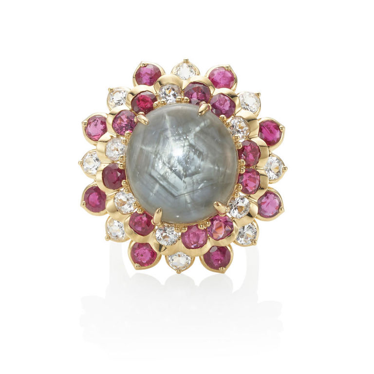 18k gold, star sapphire, white sapphire and ruby ring