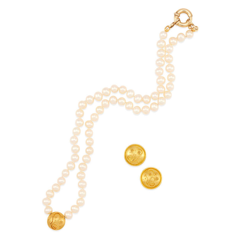 Gold and pearl necklace and stud earrings set