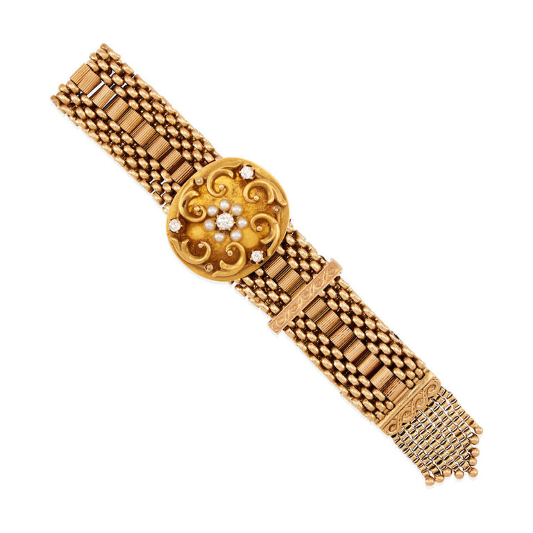 14k gold, pearl and diamond link bracelet