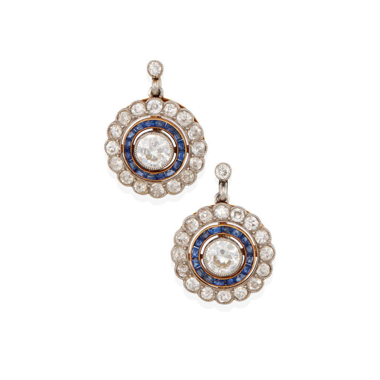 Platinum, 18k gold, diamond and sapphire earrings