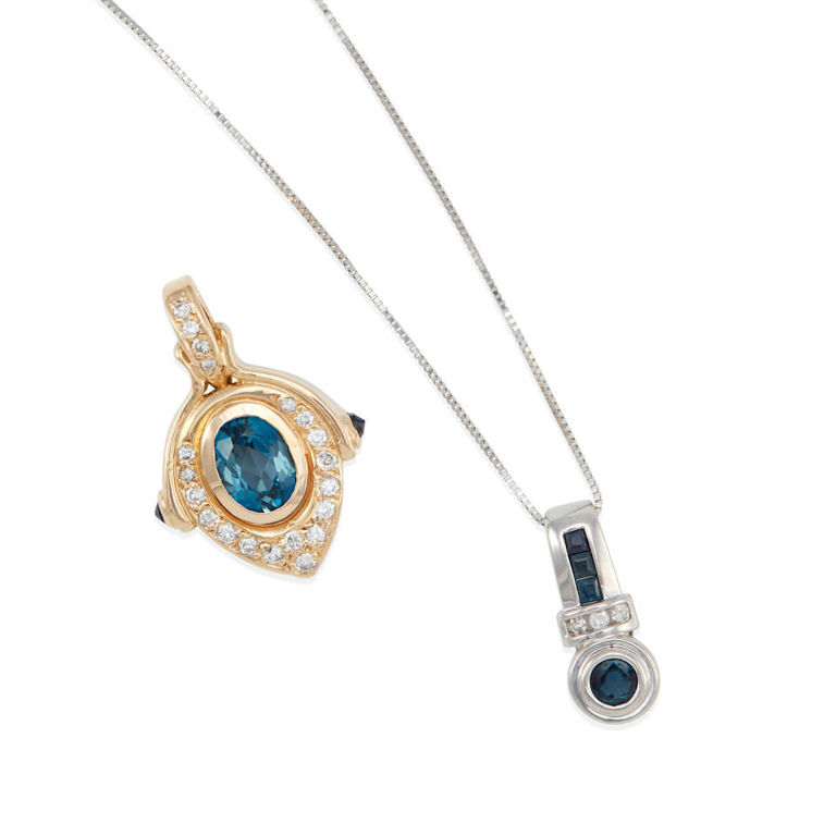 Two 14k gold gem-set pendants with one 14k gold box chain