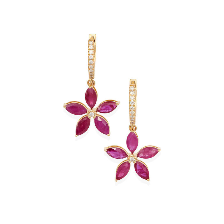 14k gold, ruby and diamond floral pendant earrings