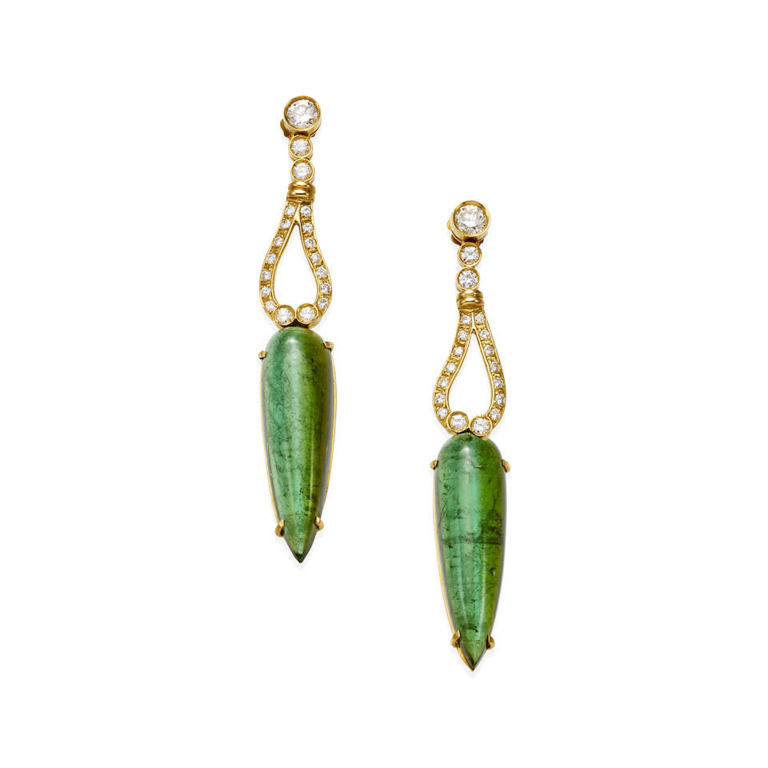18k gold, green tourmaline and diamond earrings