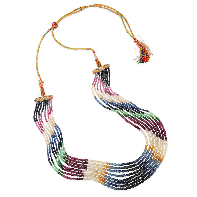 Sapphire, ruby and emerald multi-strand beaded necklace