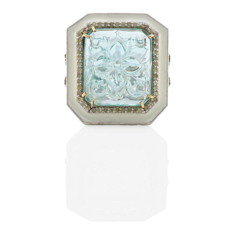Silver, 14k gold, aquamarine, diamond and enamel ring