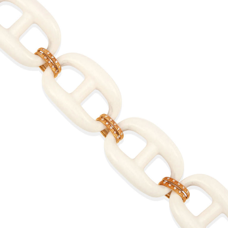 18k gold white agate and diamond link bracelet