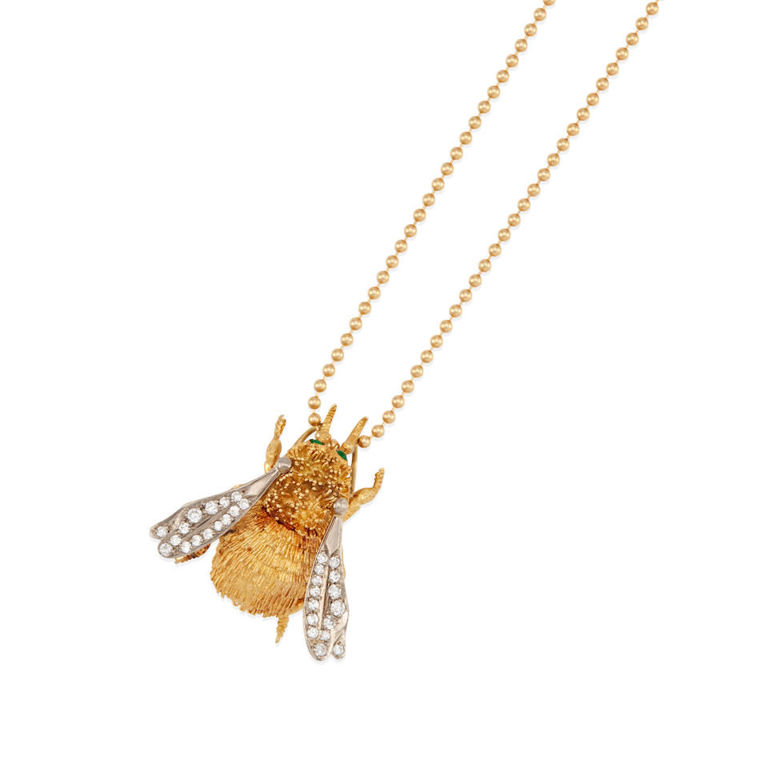 Bi-color gold diamond and gem-set bee pendant necklace