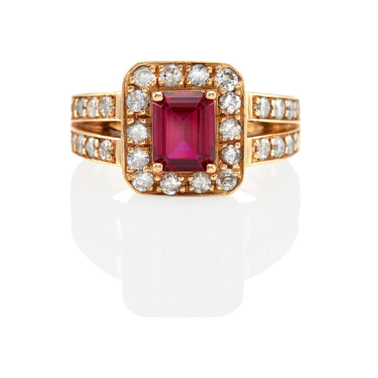 14k gold synthetic ruby and diamond ring