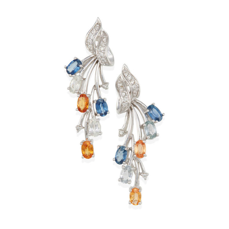 14k white gold and multi-color sapphire pendant earrings
