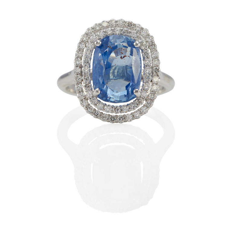 18k gold sapphire and diamond double halo ring