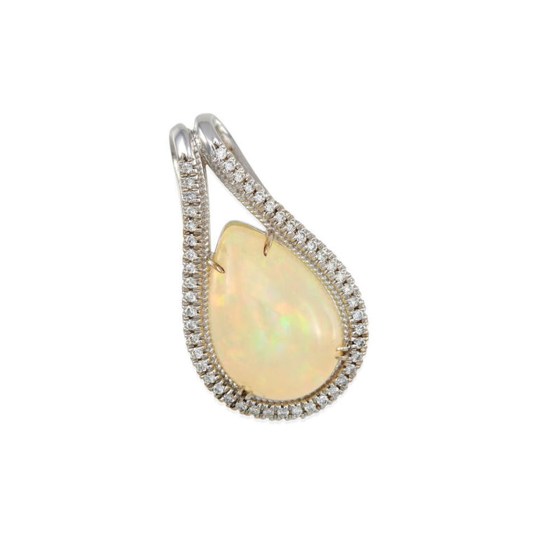 14k white gold opal and diamond pendant