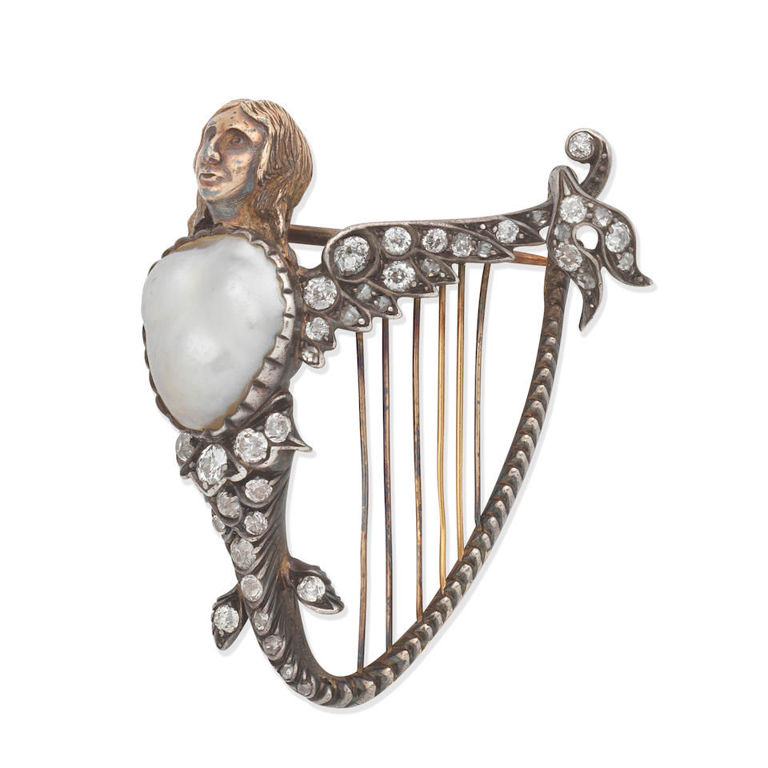 Silver and gold Irish harp brooch