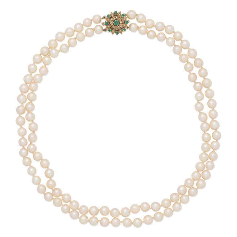 9k gold cultured pearl necklace with emerald and seed pearl clasp