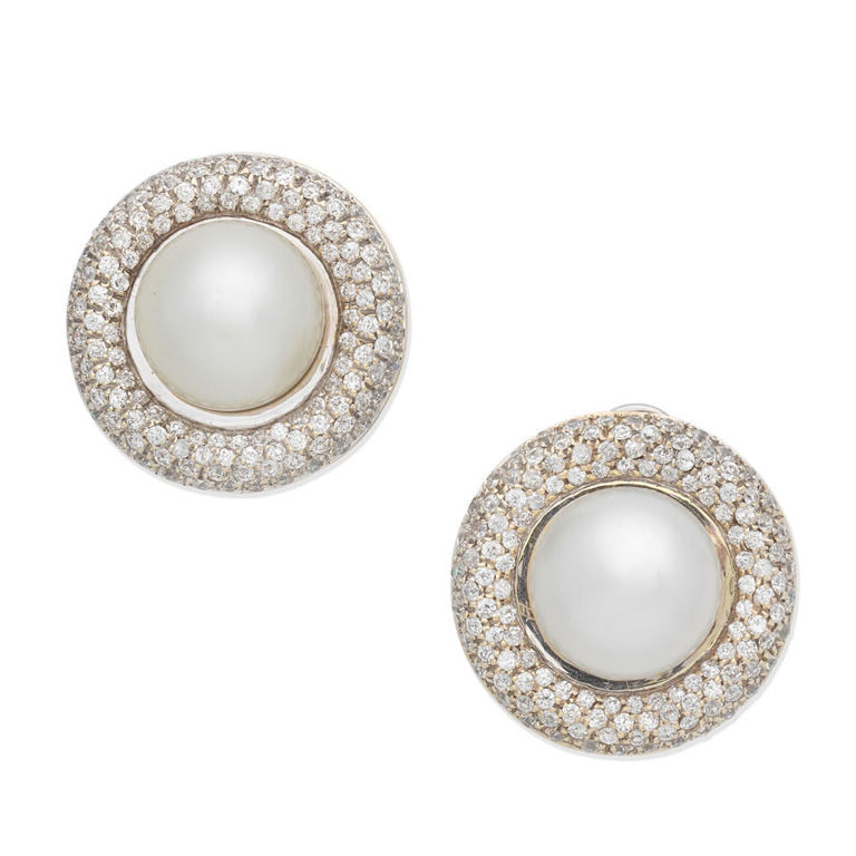 Cultured pearl and diamond earclips