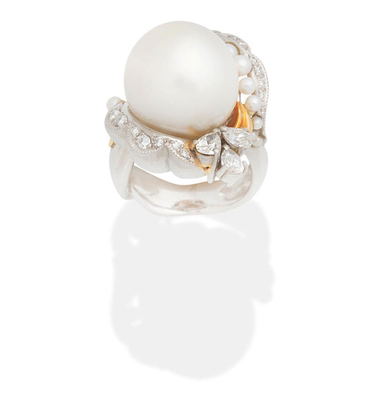 Cultured pearl and diamond ring