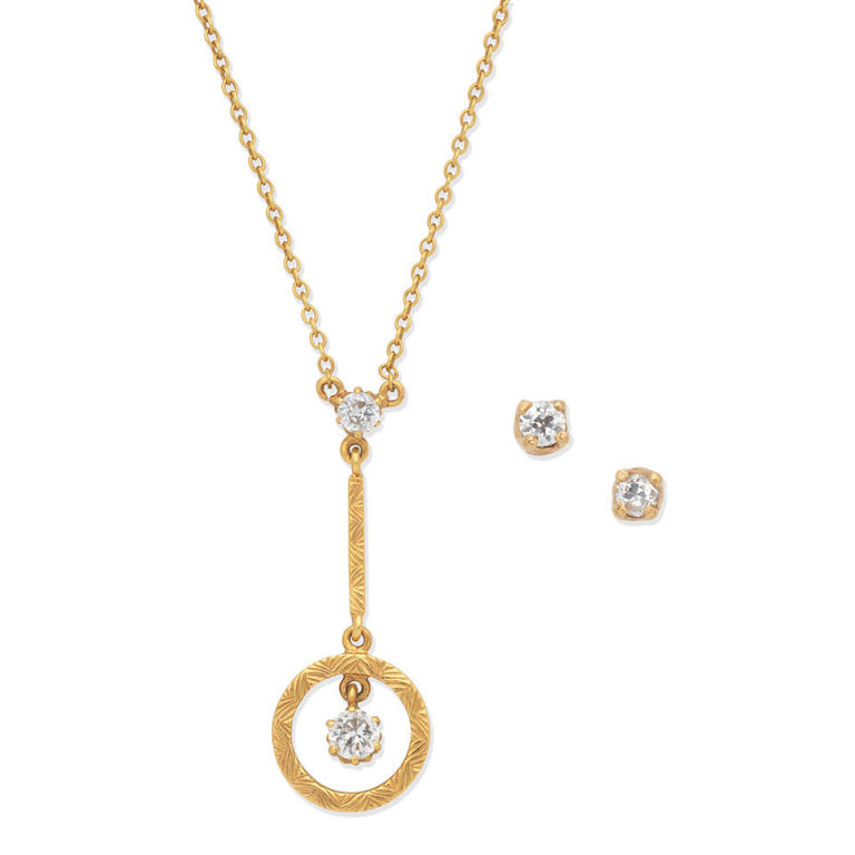 Diamond-set pendant necklace and earring suite