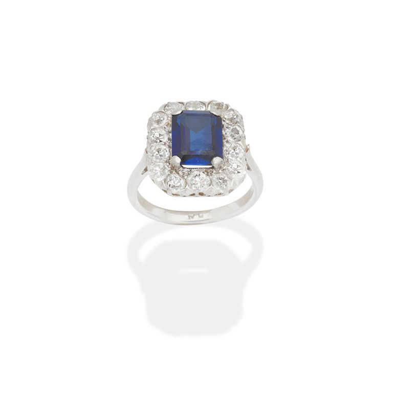 Synthetic sapphire and diamond ring