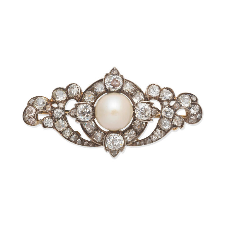 Cultured pearl and diamond brooch