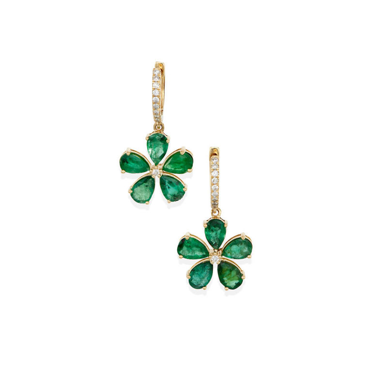 14k yellow gold emerald and diamond pendant earrings