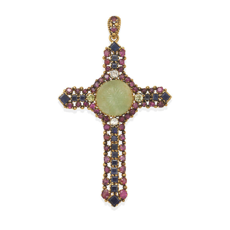 18k yellow gold gem-set and diamond cross pendant