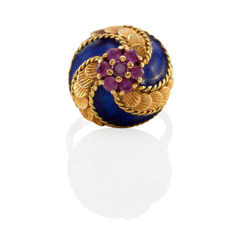 18k gold, pink sapphire and blue enamel ring