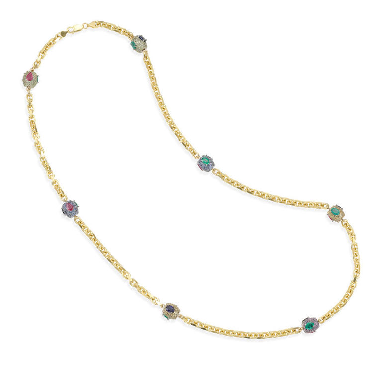 14k gold, silver and gem-set necklace
