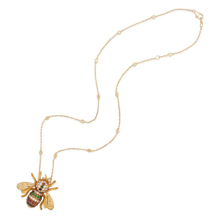 Gold, gem-set and diamond bee pendant necklace