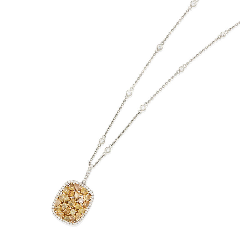 Platinum, 18k gold and colored diamond pendant necklace