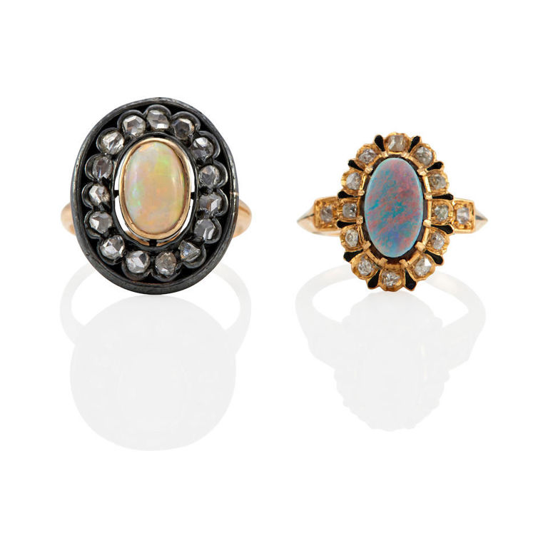 Two gold, silver, opal and diamond cluster rings