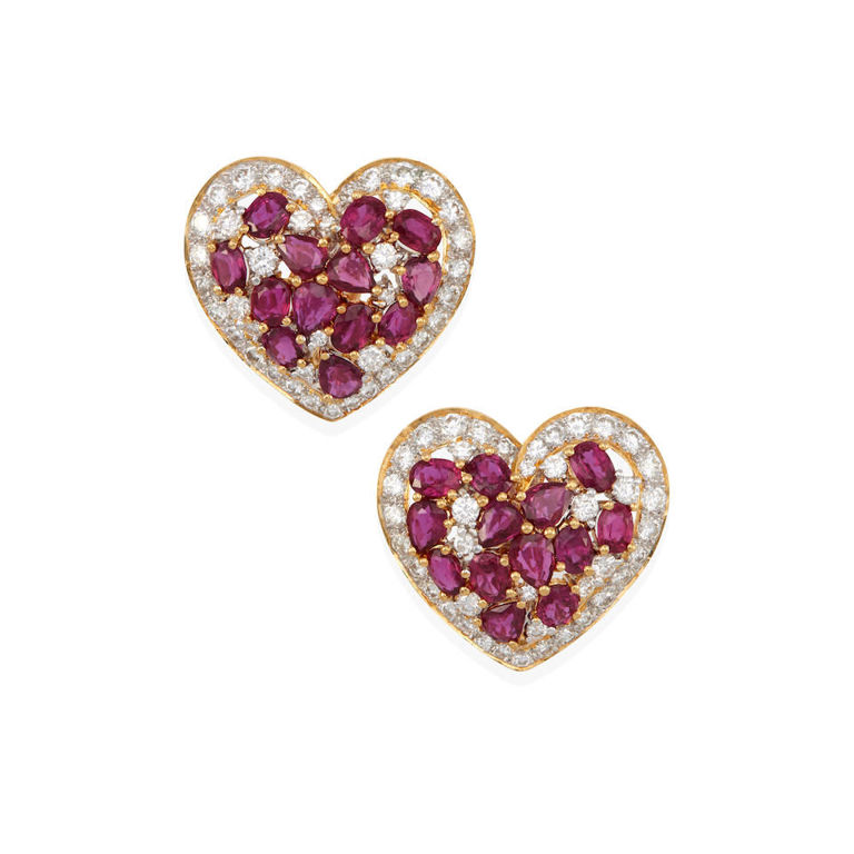 18k gold, ruby, and diamond heart shape earrings