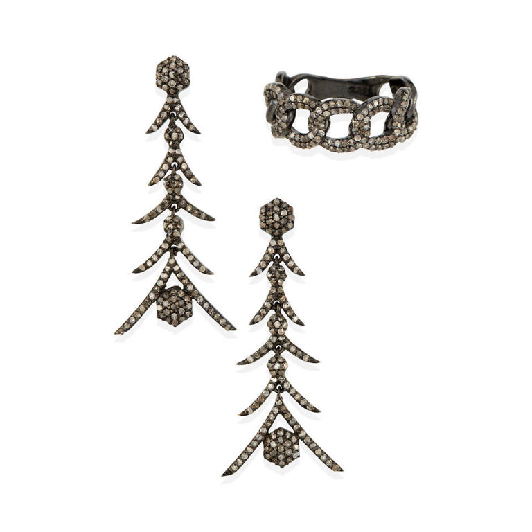 Silver and diamond earrings and ring