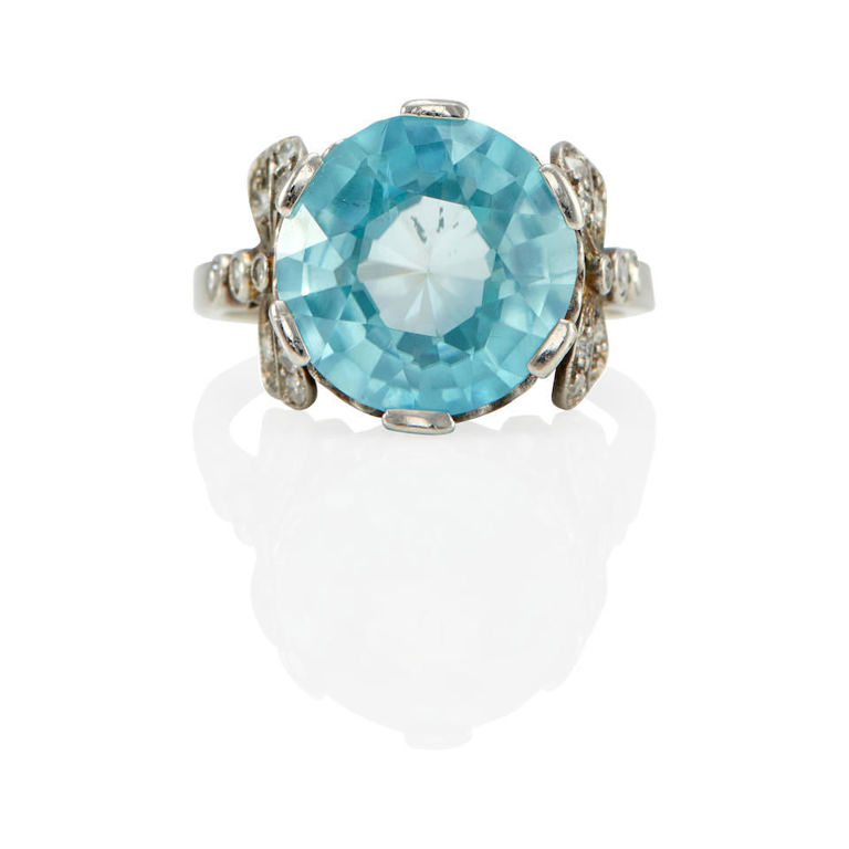 Platinum, blue zircon and diamond ring