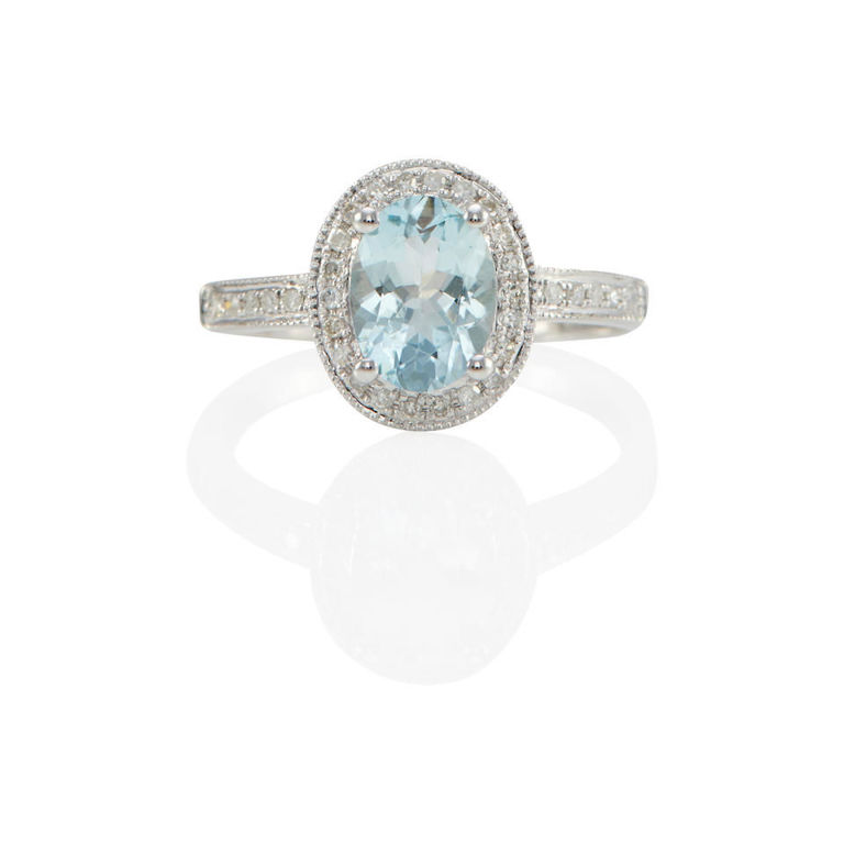 14k gold, aquamarine and diamond halo ring