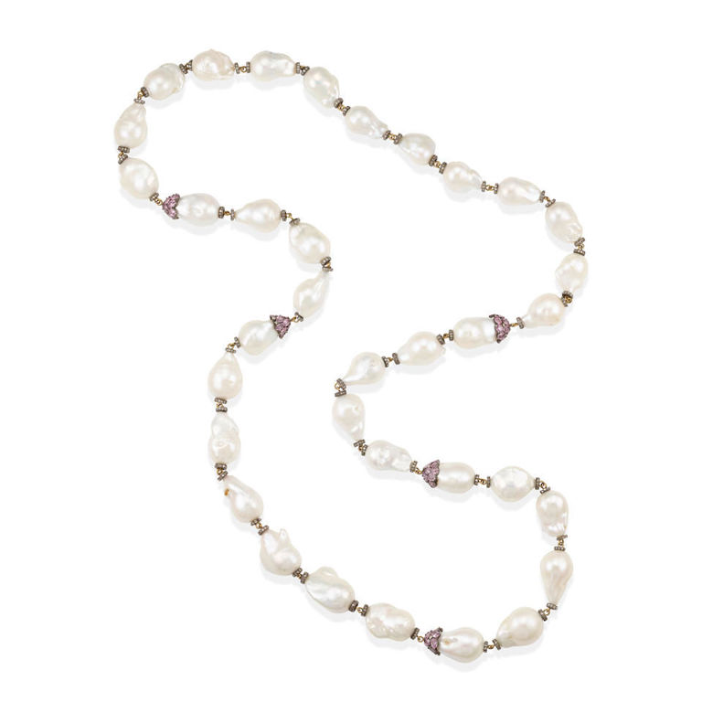 Cultured pearl, pink sapphire, and diamond necklace