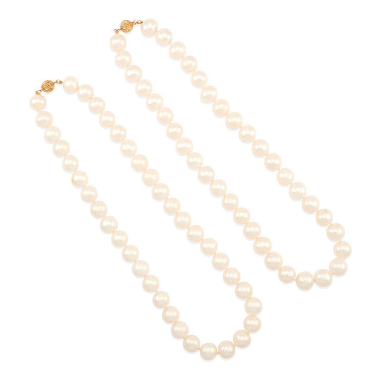 Two 14k gold and pearl strand necklaces