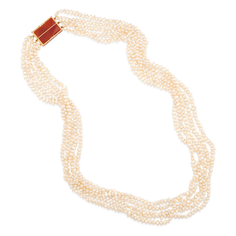 14k gold, diamond, carnelian, and pearl multi-strand necklace