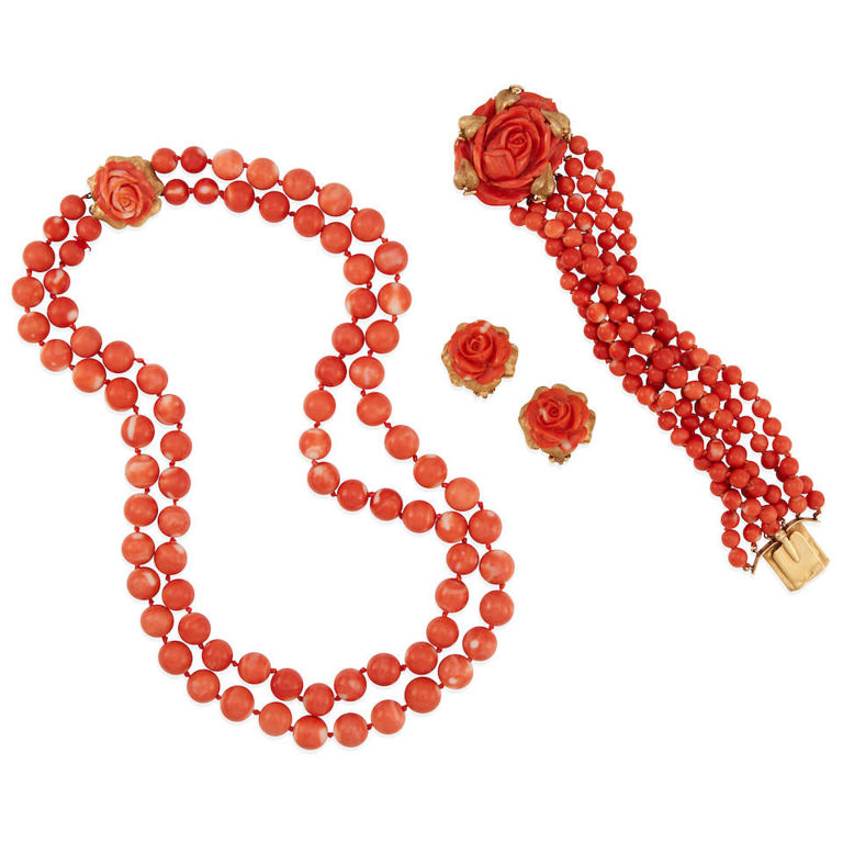 Coral and gold necklace, bracelet and earrings