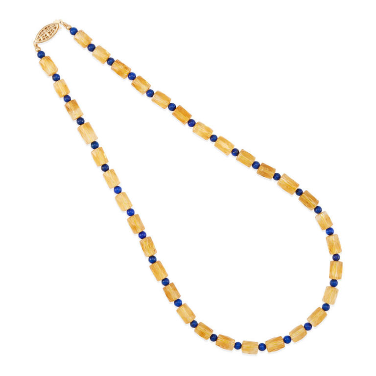 14k gold, citrine and lapis lazuli beaded necklace