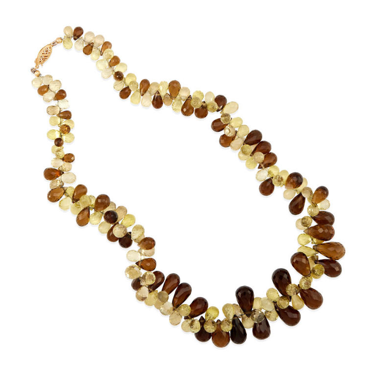 14k gold, lemon and smokey quartz beaded necklace