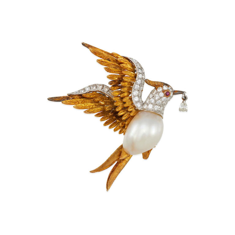 14k gold, pearl, diamond and ruby bird brooch