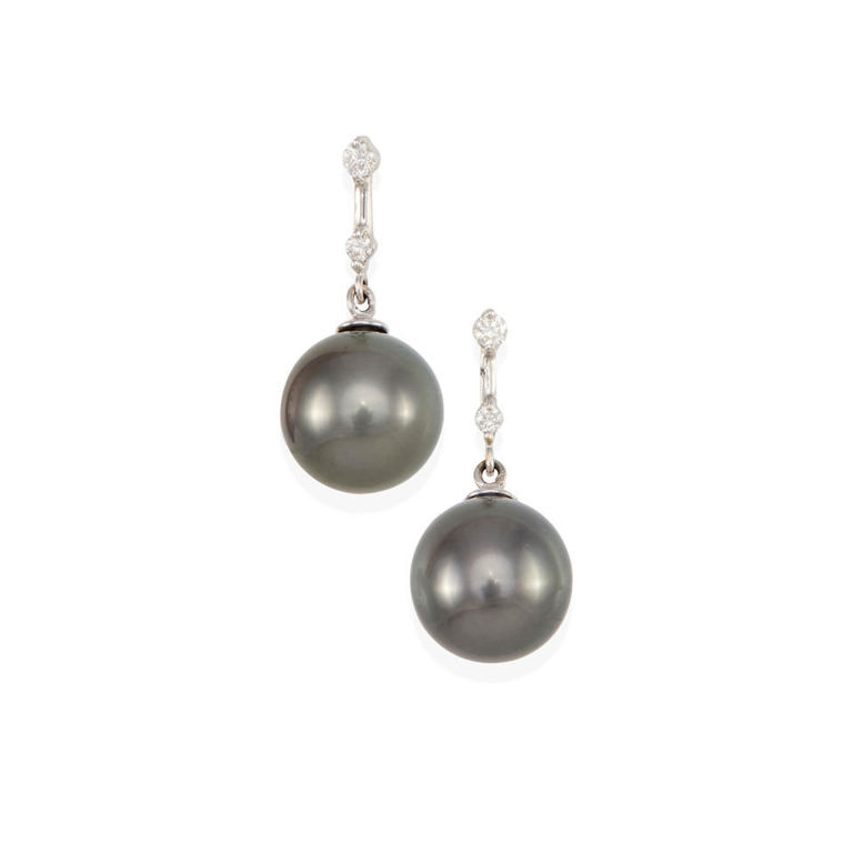 18k gold, black cultured pearl and diamond drop earrings