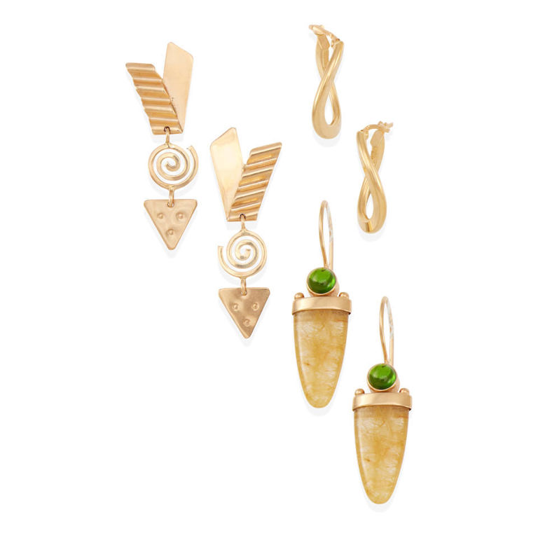 Three gold and gem-set earrings