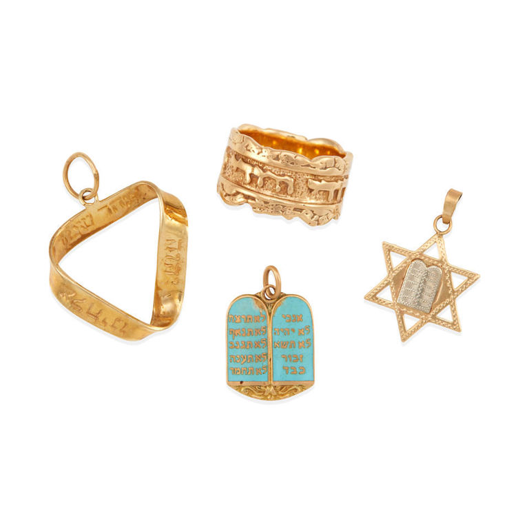 Group of four 14k gold and enameled Judacia jewelry