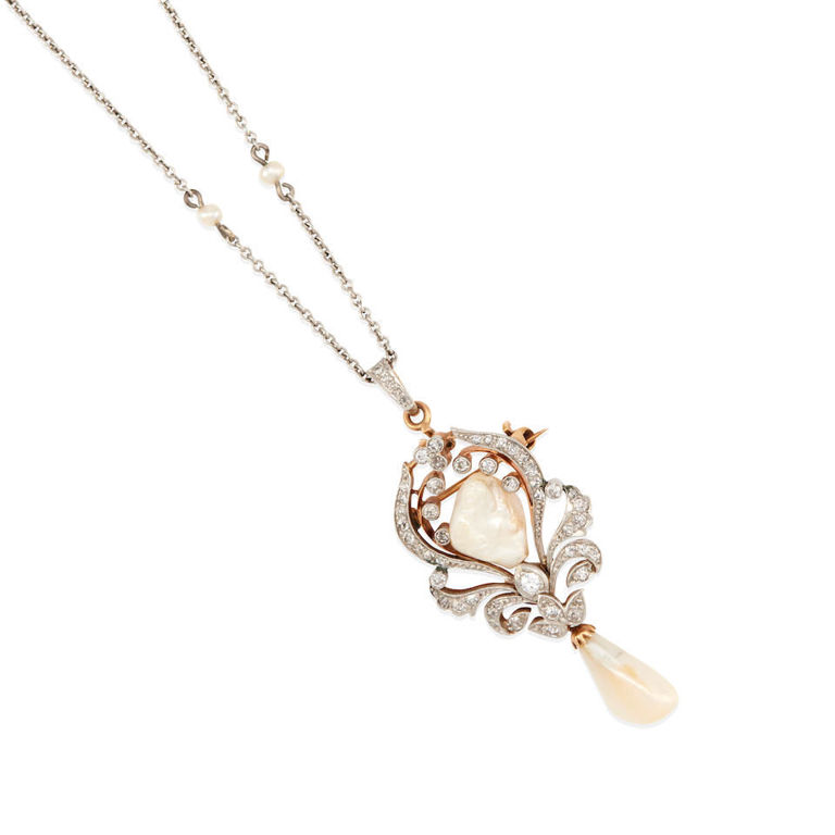 Platinum, 14k gold, pearl and diamond pendant necklace