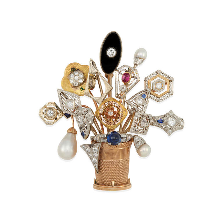 Platinum, gold and gem-set stick pin bouquet brooch