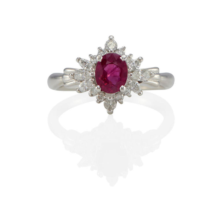 Platinum, ruby and diamond cluster ring