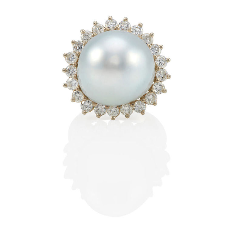 14k gold cultured pearl and diamond ring