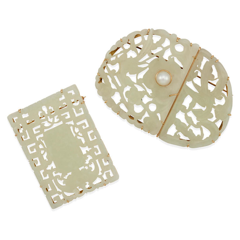 14k gold and carved jade brooches