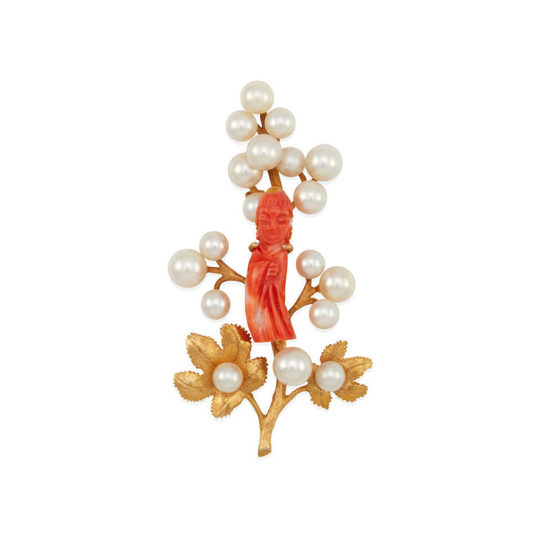 14k gold coral and cultured pearl brooch