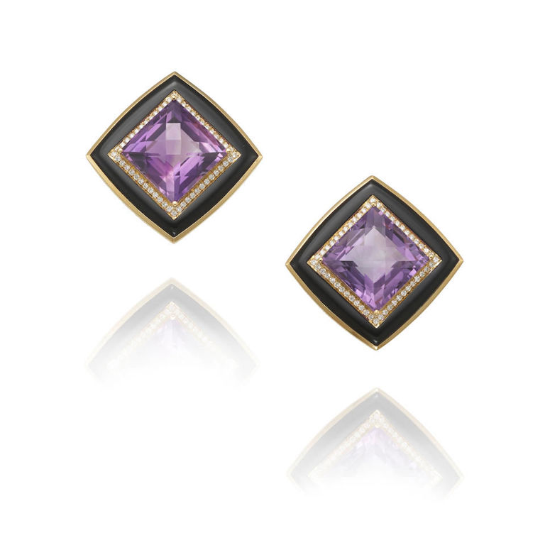 18k gold amethyst, diamond and onyx earrings